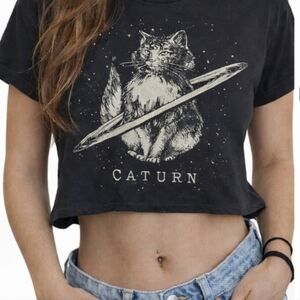 Navy “CATURN” Cropped Graphic Tee Cat Saturn Space Shirt Small